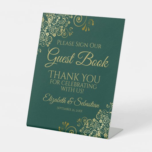 Emerald & Gold Please Sign our Guest Book Sign Reclamebord Met Voetstuk (Voorkant)