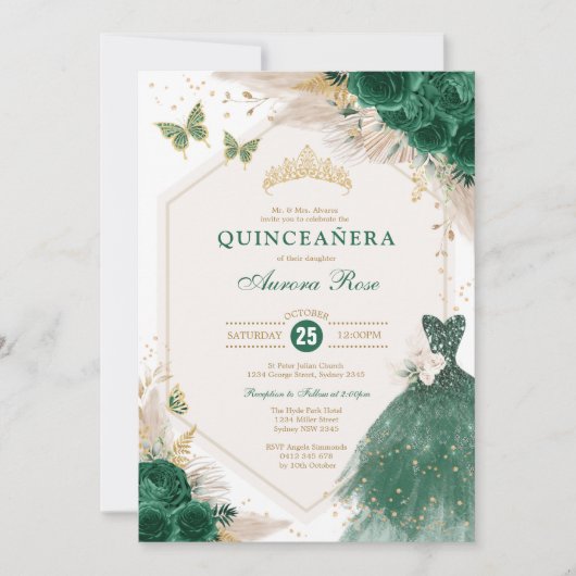Emerald Gold Quinceañera Boho Floral Mis Quince 15 Kaart (Voorkant)