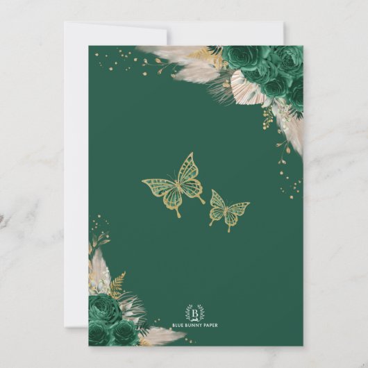 Emerald Gold Quinceañera Boho Floral Mis Quince 15 Kaart (Achterkant)