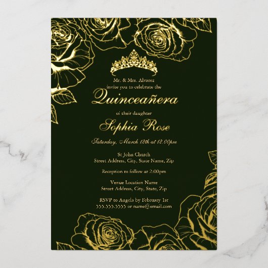 Emerald Gold Roos Garden Quinceanera Folie Uitnodiging (Voorkant)