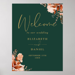 Emerald Gold Rustic Floral Wedding Welkomstbord Poster