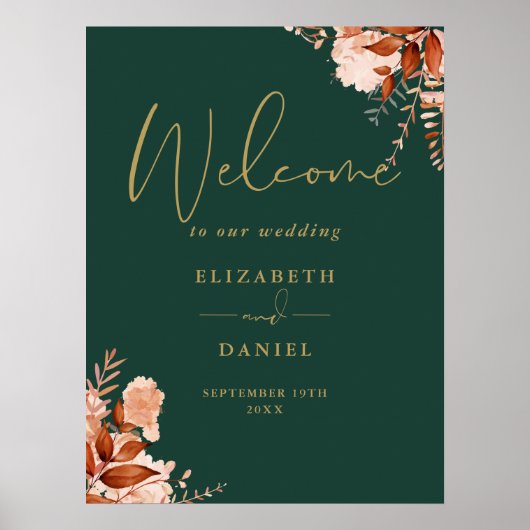 Emerald Gold Rustic Floral Wedding Welkomstbord Poster (Voorkant)