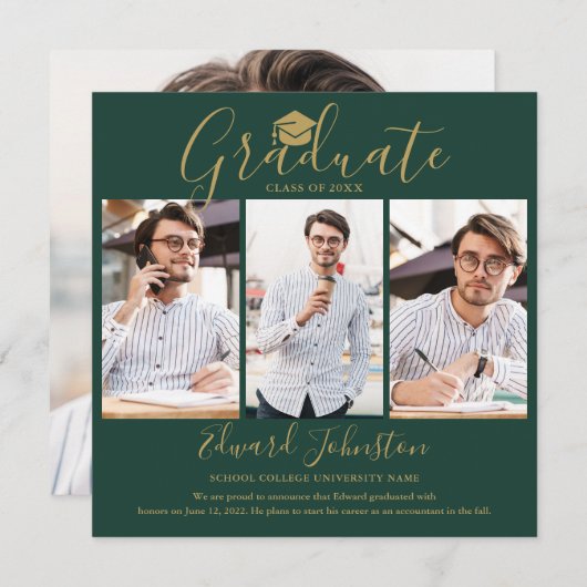Emerald Gold Script Afstuderen 4 Foto-Afstuderen Aankondiging (Voorkant / Achterkant)