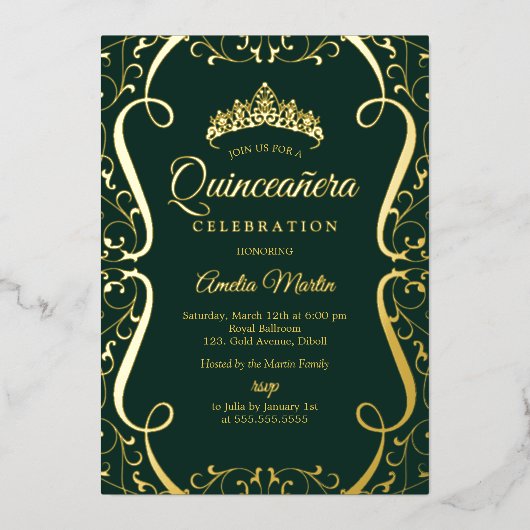Emerald Gold Swirl Elegant Quinceanera  Folie Uitnodiging (Voorkant)