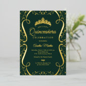 Emerald Gold Swirl Elegant Quinceanera  Folie Uitnodiging (Staand Voorkant)
