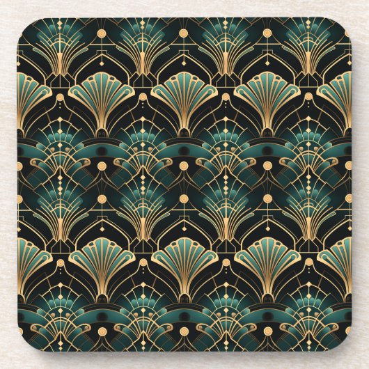 Emerald Gold Tones Art Deco-geïnspireerde Fan Bier Onderzetter (Voorkant)
