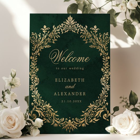 Emerald Gold Victorian Ornate Wedding Welcome Poster