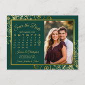 Emerald & Gold Wedding Save Datum Kalender Foto Aankondigingskaart (Voorkant)