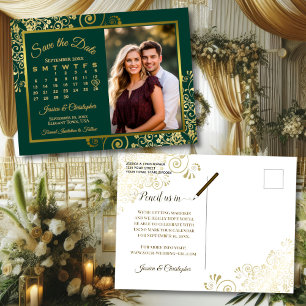 Emerald & Gold Wedding Save Datum Kalender Foto Aankondigingskaart