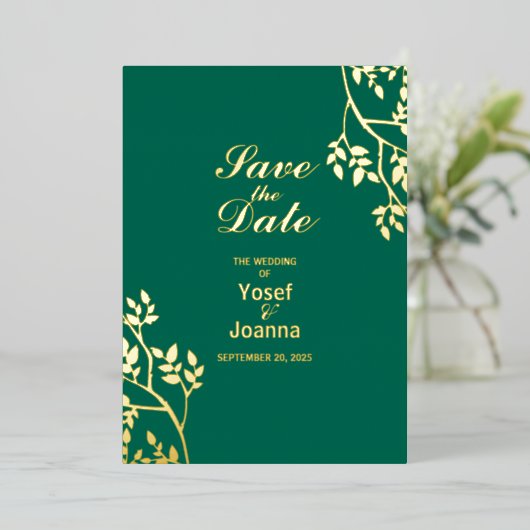 Emerald Gold Wedding Save the Date Folie Uitnodigi Folie Uitnodiging (Staand Voorkant)
