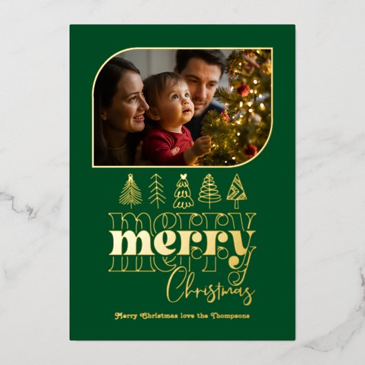 Emerald & Goud Moderne Retro Doodle Kerst Foto Folie Feestdagenkaart (Voorkant)