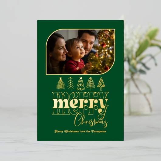 Emerald & Goud Moderne Retro Doodle Kerst Foto Folie Feestdagenkaart (Staand Voorkant)
