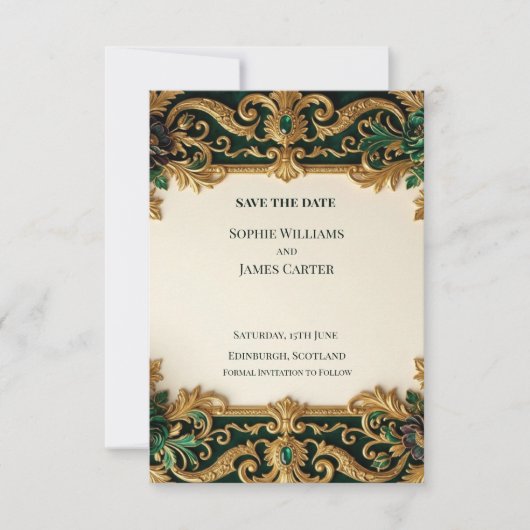 Emerald Gouden Barok Save The Date Kaart (Voorkant)