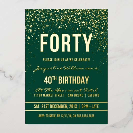 Emerald | Gouden Confetti 40e verjaardag Folie Uitnodiging (Voorkant)
