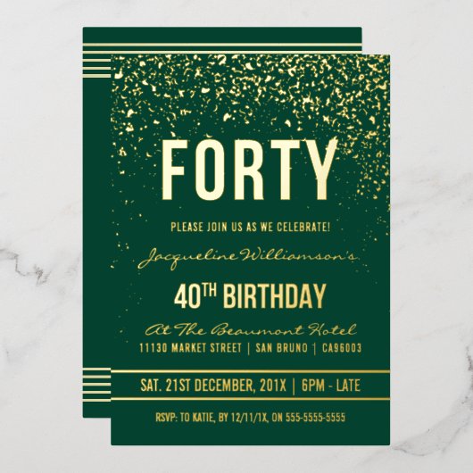 Emerald | Gouden Confetti 40e verjaardag Folie Uitnodiging (Voorkant / Achterkant)