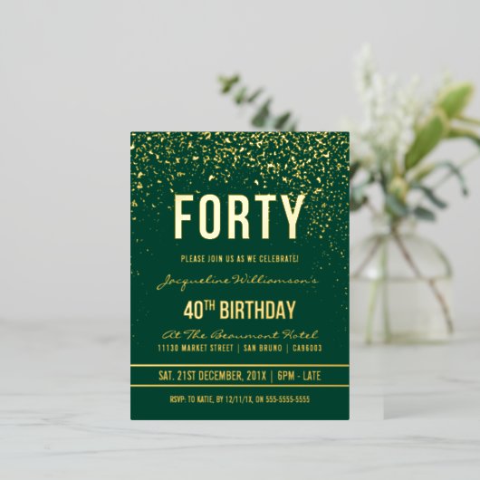 Emerald | Gouden Confetti 40e verjaardag Folie Uitnodiging Briefkaart (Staand Voorkant)