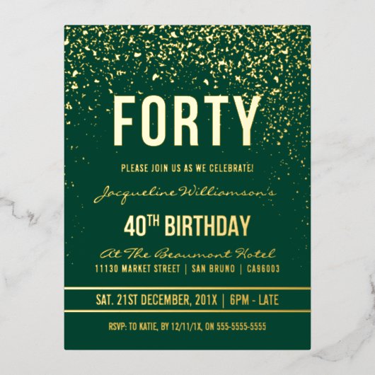 Emerald | Gouden Confetti 40e verjaardag Folie Uitnodiging Briefkaart (Voorkant)