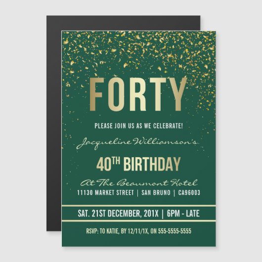 Emerald | Gouden Confetti 40e verjaardag Magnetische Uitnodiging (Voorkant / Achterkant)