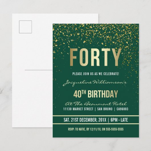 Emerald | Gouden Confetti 40e verjaardag Uitnodiging Briefkaart (Voorkant / Achterkant)