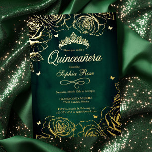 Emerald Gouden Kroonrozen Thema Quinceanera Folie Uitnodiging