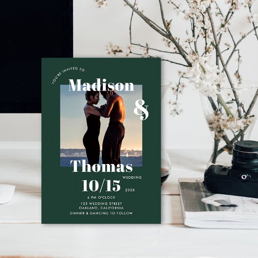 Emerald Green 1 foto Bold Minimalistische bruiloft Kaart