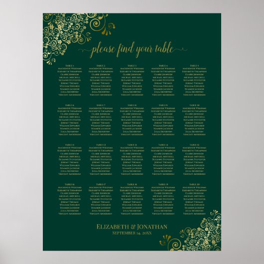 Emerald Green 20 Table Wedding Seating Chart Gold Poster (Voorkant)