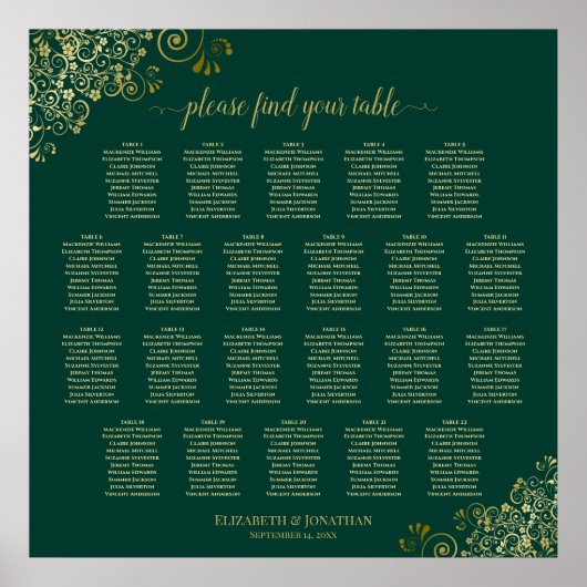 Emerald Green 22 Table Wedding Seating Chart Gold Poster (Voorkant)