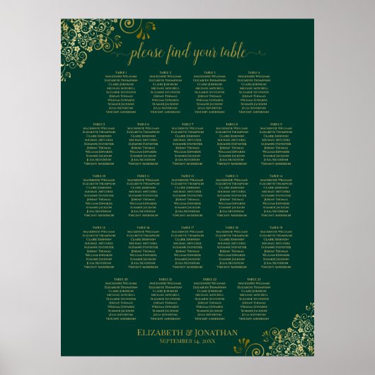 Emerald Green 23 Table Wedding Seating Chart Gold Poster (Voorkant)