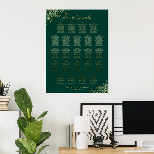 Emerald Green 23 Table Wedding Seating Chart Gold Poster (Thuiskantoor)