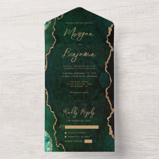 Emerald Green Agaat Goud Script Bruiloft All In One Uitnodiging (Binnen)