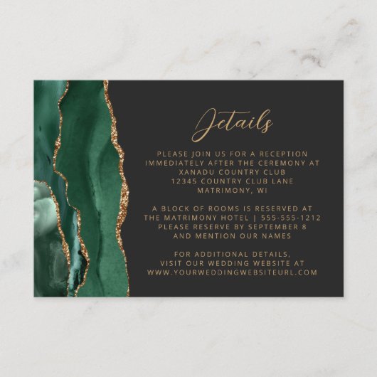 Emerald Green Agaat Goud Script Bruiloft Details Informatiekaartje (Voorkant)