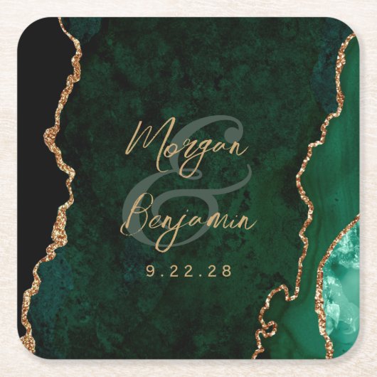 Emerald Green Agaat Goud Script Bruiloft Kartonnen Onderzetters (Voorkant)