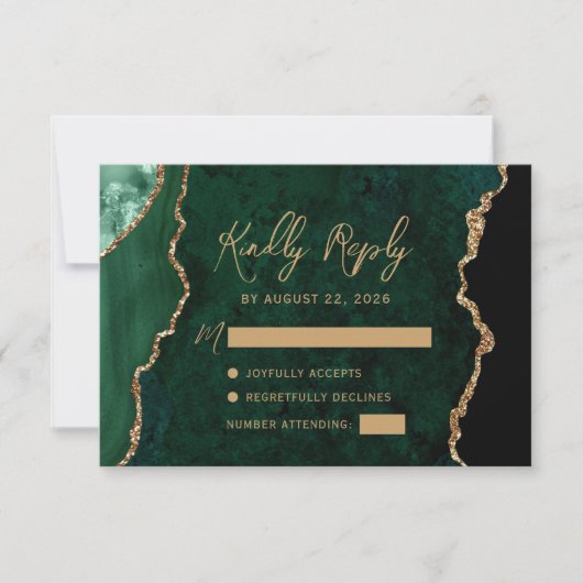 Emerald Green Agaat Goud Script Bruiloft RSVP Kaartje (Voorkant)