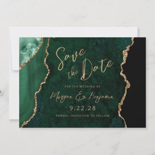 Emerald Green Agaat Script Bruiloft Sla de datum o Save The Date (Voorkant)