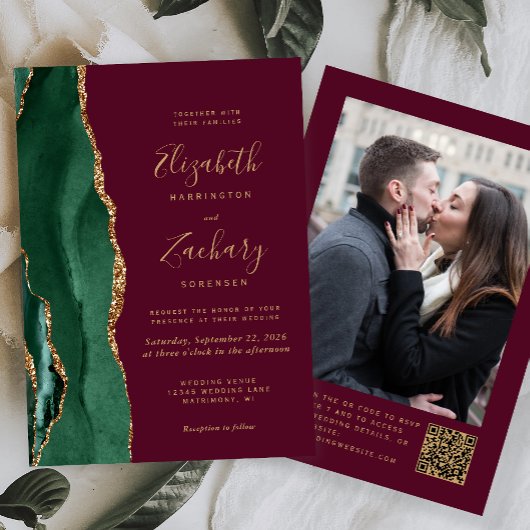 Emerald Green Agate Burgundy Photo QR Code Wedding Kaart