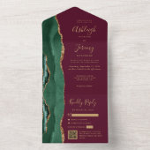 Emerald Green Agate Gold Burgundy QR Code Wedding All In One Uitnodiging (Binnen)