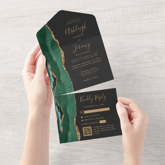 Emerald Green Agate Gold Dark QR Code Wedding All In One Uitnodiging (Afscheurbaar)