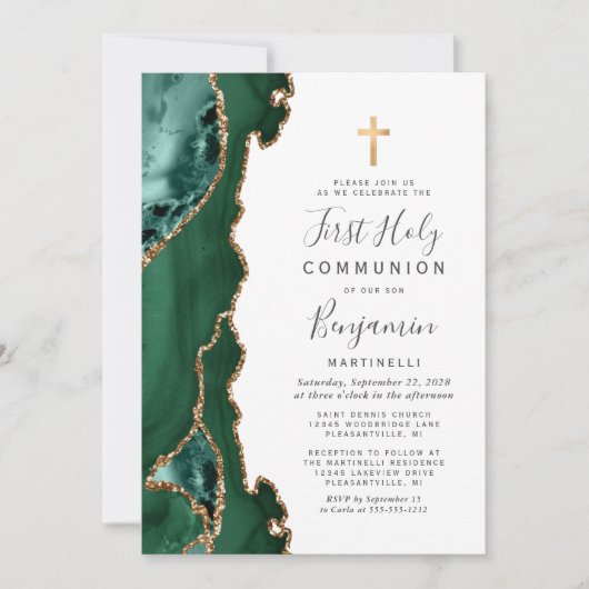 Emerald Green Agate Gold First Heilige Communie Kaart (Voorkant)