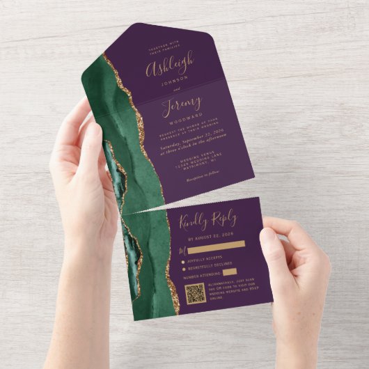 Emerald Green Agate Gold Purple QR Code Wedding All In One Uitnodiging (Afscheurbaar)