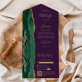 Emerald Green Agate Gold Purple QR Code Wedding All In One Uitnodiging