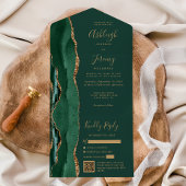 Emerald Green Agate Gold QR Code Wedding All In One Uitnodiging