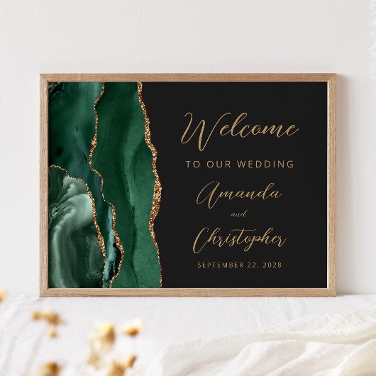 Emerald Green Agate Gold Script Wedding Welcome Poster