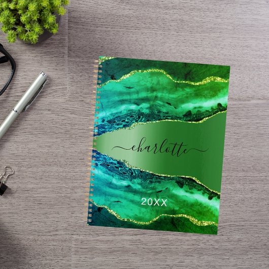 Emerald green agate marble name script planner