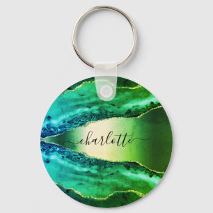 Emerald green agate marble name script sleutelhanger