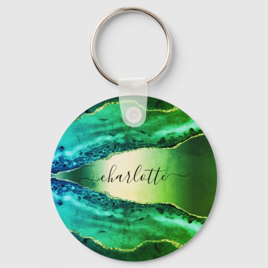 Emerald green agate marble name script sleutelhanger (Voorkant)