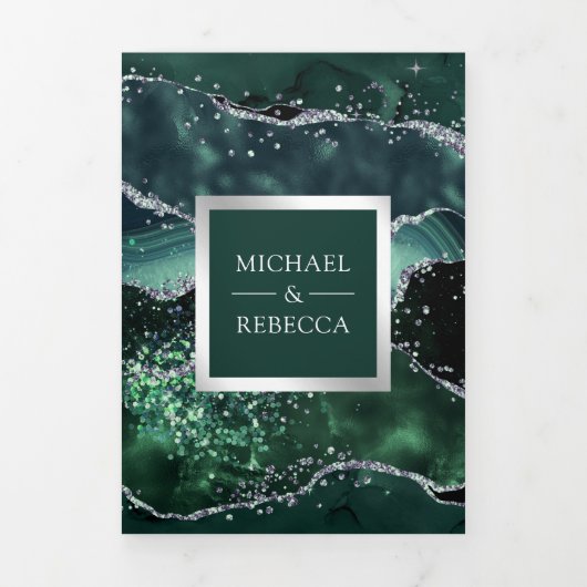 Emerald Green Agate Marble QR Code Weddenschap Drieluik Uitnodiging (Cover)