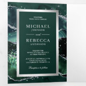 Emerald Green Agate Marble QR Code Weddenschap Drieluik Uitnodiging (Binnenzijde eerst)