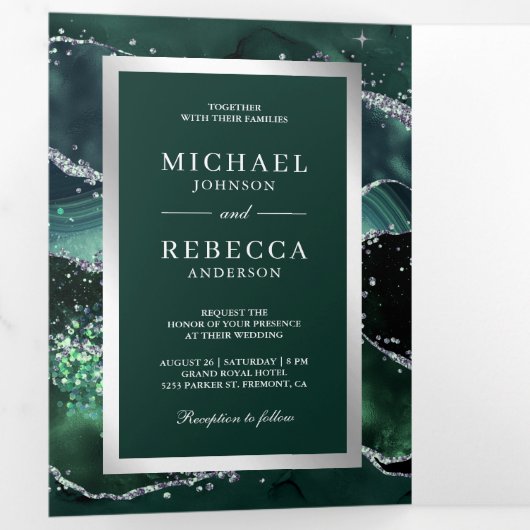 Emerald Green Agate Marble QR Code Weddenschap Drieluik Uitnodiging (Binnenzijde eerst)