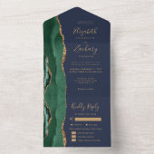 Emerald Green Agate Navy Blue Meal Options Wedding All In One Uitnodiging (Binnen)