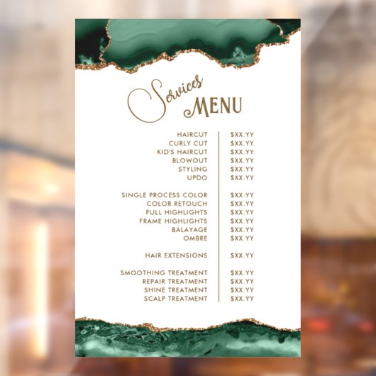 Emerald Green Agate op White Services Menu Raamsticker (Vel 2)